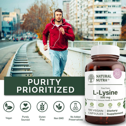 Natural Nutra L Lysine HCl, 500 mg, 100 Capsules - Promotes Bone Health, Skin Health & Collagen
