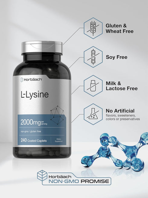 Horbaach L-Lysine 2000mg | 240 Caplets | Vegetarian, Non-GMO, Gluten Free Supplement
