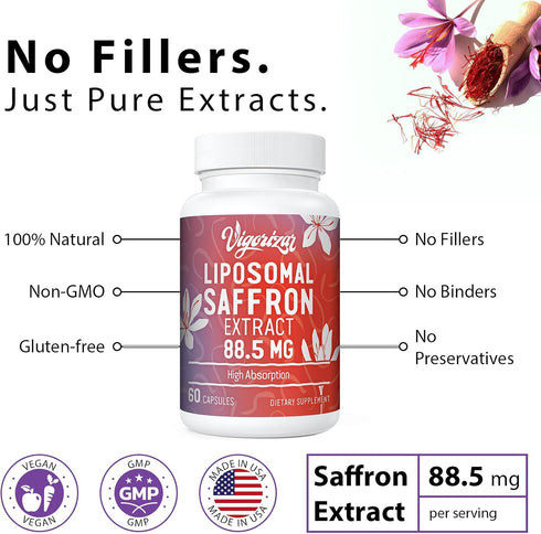 Liposomal Saffron Supplements 100% Pure Saffron Extract 88.5 mg, 60 Veggie Capsules, Better Bioavailability