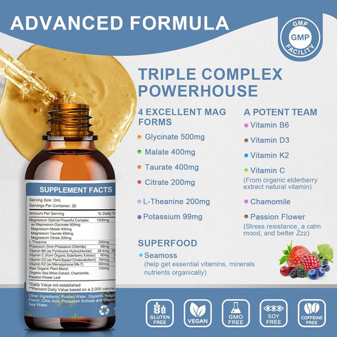 Magnesium Glycinate Liquid Drop - Triple Absorption Supplement to Support Nerves, Night, Heart, Muscles * -Sugar-Free with Potassium, L-Theanine, Sea Moss Vitamin B,C,D3, K2-1Pack