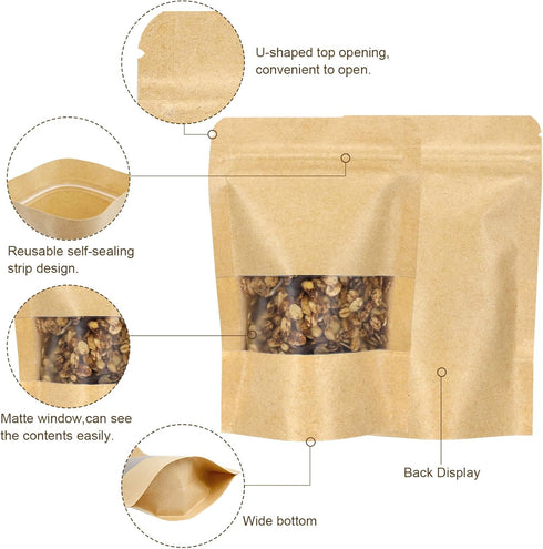 Blisstime Stand Up Pouches - 50 Pack Kraft Paper Bags with Matte Window for Small Business Home Use