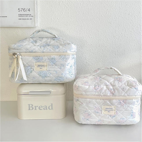 Large Travel Quilted Makeup Bag for Women - Floral Cotton Cosmetic Bag, Coquette Aesthetic Toiletry Organizer
