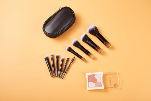 Portable ON THE GO Makeup Brush Set, COSHINE 10pcs Mini Complete Cosmetic Brushes Kit with Pouch (Black)