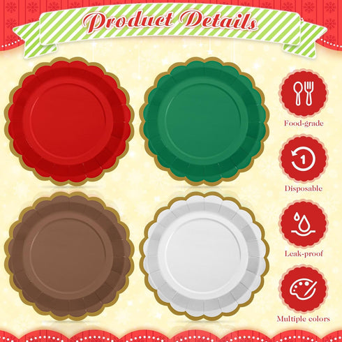 Tiangrid 60 9 Inch Pcs Christmas Paper Party Plates Scalloped Disposable Dessert Plates for Coquette Bridal Pink Bow