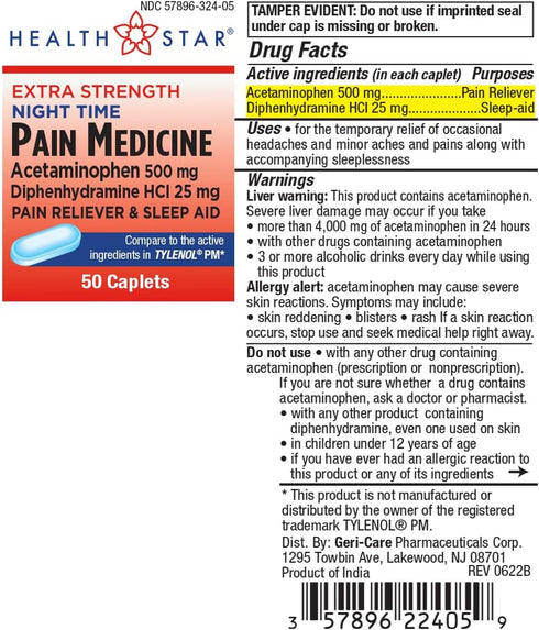 GeriCare Extra Strength Night-Time Acetaminophen 500 mg, Diphenhydramine HCI 25 mg Pain Medicine Caplets 50 Count (Pack of 1)