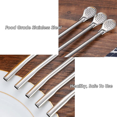 Reusable Stainless Steel Drinking Straws with Filter Spoon, 6 Pieces Yerba Mate Tea Bombilla Straws, 7.1inch