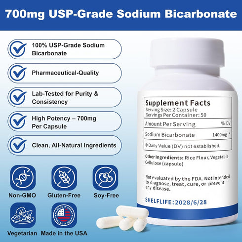 QUBIT 700mg 100 Baking Soda Capsules Sodium Bicarbonate Supplement | Natural Baking Soda for Acid Reflux Relief