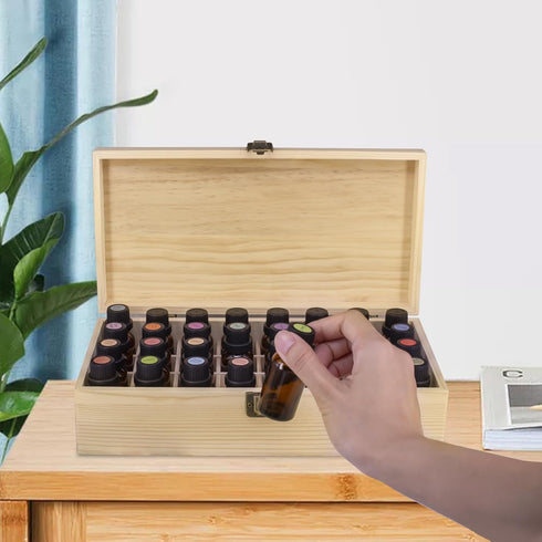 Wooden Essential Oil Storage Box, 32 Slots Display Organizer for 5 to 15 ml Bottles, Nail Polish Collection Holder