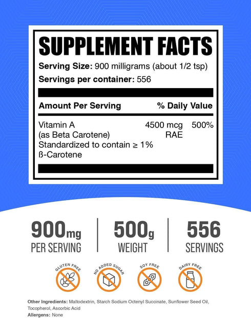 BulkSupplements.com Beta Carotene Powder - Vitamin A Supplements for Immune & Eye Support, 500g