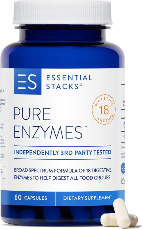 Essential Stacks Pure Digestive Enzymes - Gluten, Dairy & Soy Free, 18 Enzymes for Digestion incl. Amylase, Lipase &