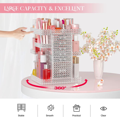 Rotating Makeup Organizer with 6 Drawers, DIY Adjustable Storage for Cosmetics and Jewelry, Clear