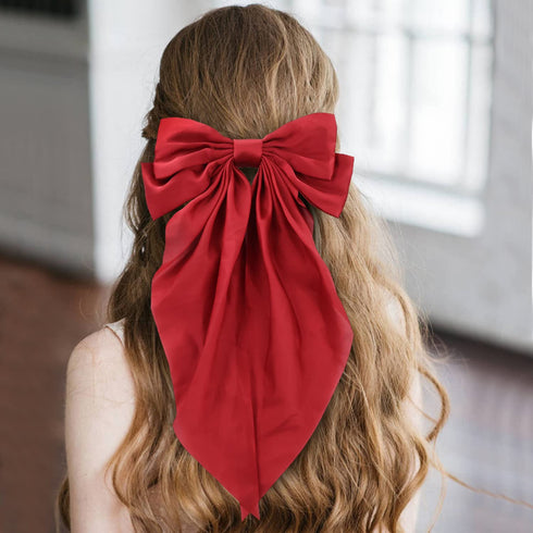 Lawie 6 Pack Oversized Satin Hair Bows for Women - Giant Bow Hair Clips with Long Silky Ribbon Tail