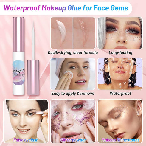 SFX Makeup Face Glue with 3600Pcs Flatback Eye Gems, Rhinestone Crystal, Tweezers, and Skin Adhesive for Cosplay