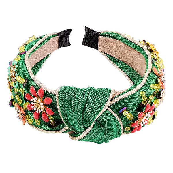 QTMY Rhinestone Crystal Wide Headbands, Knot Turban Fashion Vintage Hairband for Women Girls (Green)