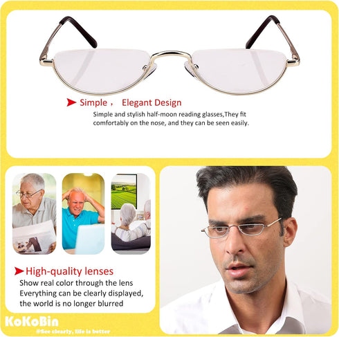KoKoBin Half Reading Glasses - 2 Pairs Half Rim Metal Frame Readers for Men and Women, Black+Gold 1.50