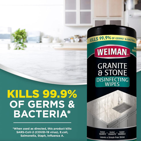 Weiman Granite Cleaner and Polish - 30 Wipes for Granite, Marble, Quartz, and More (Pack of 1)
