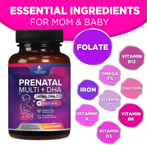 Women's Prenatal Multivitamin with Folic Acid + DHA, 60 Softgels for Fetal Support, Non-GMO