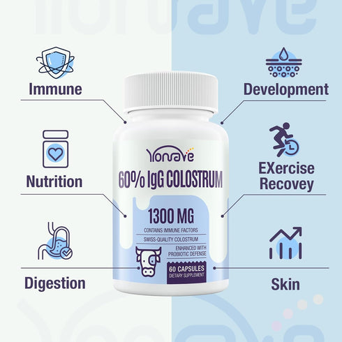 Bovine Colostrum Capsules - 1300mg Extra High 60% IgG for Gut, Bone & Immune Health, 60 Capsules