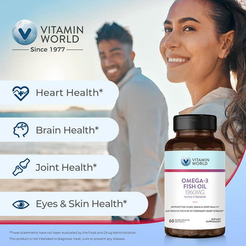 Vitamin World Triple Strength Omega 3 Fish Oil, 1360 mg Supplement, 950 mg Active Omega-3 Fatty Acids