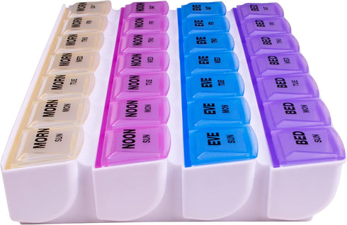 Apex 7-Day Mediplanner Pill Organizer, Weekly, 4 Times A Day, Color-Coded, Easy-Open, See-Through Lids