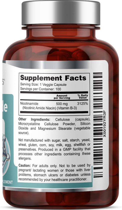 B-3 Nicotinamide 500 mg 100 Vcaps - Natural Flush-Free Vitamin Formula for Skin Cell Health