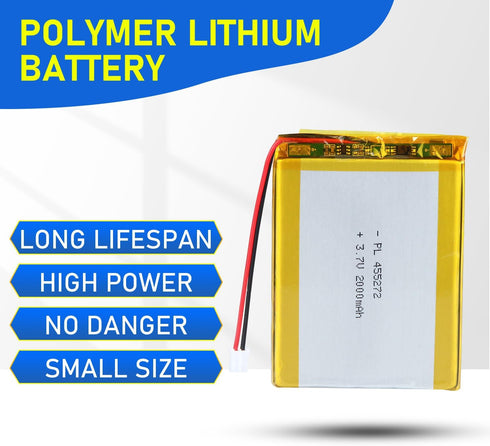 455272 3.7V Lipo Battery, 2000mAh Rechargeable Lithium Polymer Battery Pack with JST PH2.0mm Connector for Electronic