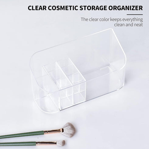 YOHOM Small Clear Makeup Organizer Tray, 9-Compartments Vanity Cosmetic Brush Holder Storage Box with 2 Dividers