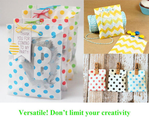 Biodegradable Paper Candy Cookie Bags - Food Safe Favor Bags for Parties, 100 Count, Assorted 4 Designs