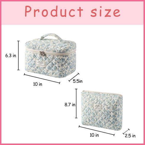 2 Pcs Large Quilted Makeup Bag, Cotton Quilted Toiletry Bag for Women,Floral Coquette Makeup Bag,Cute Kawaii Travel Cosmetic Bags(03Lightblue Flower)