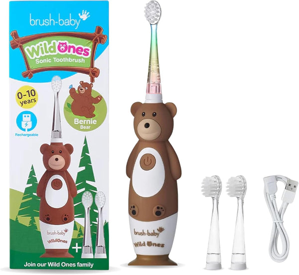 brush-baby WildOnes Kids Electric Rechargeable Toothbrush Bear - 1 Handle, 3 Brush Heads, USB Charging Cable (Ages 0-10)
