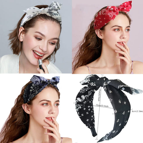 Paisley Print Wide Bow Headbands for Women, Cute Knot Hair Accessories (Style 1: Red, White, Navy, Black)