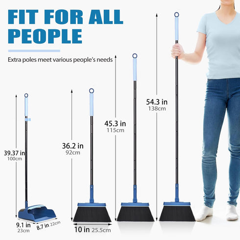 JEHONN Dustpan and Brush Set, 54" Long Handle Swivel Broom, Foldable Dust Pan with Comb Teeth for Cleaning