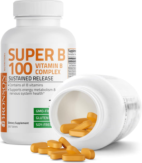 Bronson Super B 100 Vitamin B Complex - Sustained Release, Supports Energy Metabolism & Nervous System, 250 Tablets