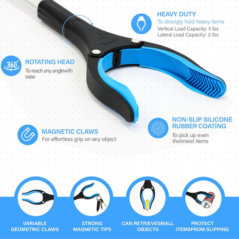 Grabber Reacher Tool, 32” Heavy Duty Pick Up Stick with Strong Magnetic and Swivel Head for Seniors (Blue)