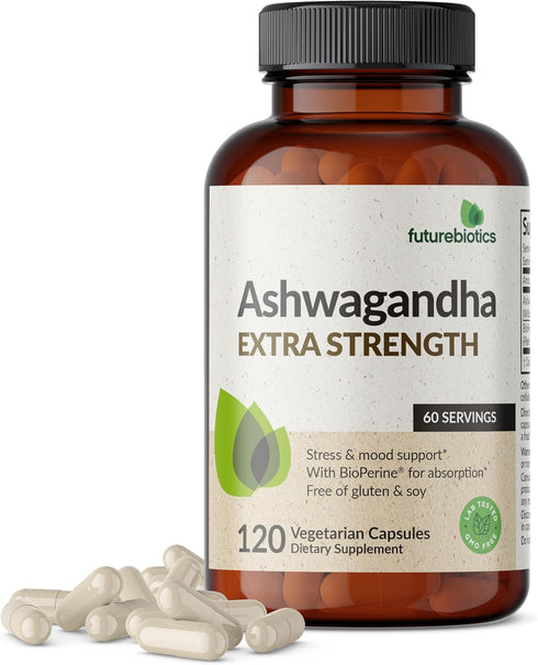 Futurebiotics Ashwagandha Extra Strength - Stress & Mood Support with BioPerine, Non-GMO, 120 Vegetarian Capsules