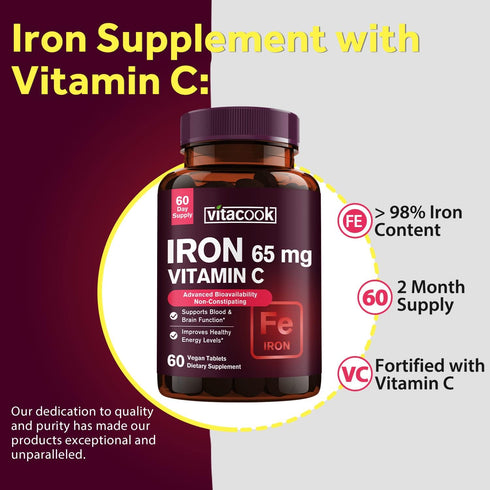 Iron Supplement for Women Men, High Potency 65mg with Vitamin C 250mg, Vegan, Non-GMO, 60 Tablets