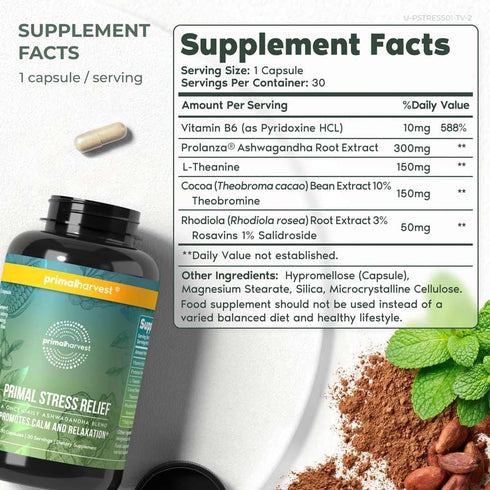 Primal Harvest Stress Relief Supplement, Pure Ashwagandha Root Extract & L-Theanine - 30 Capsules