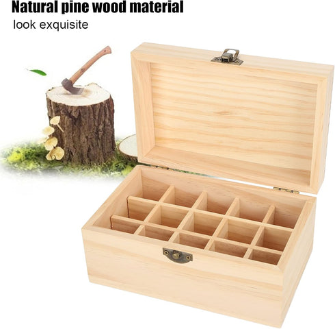 FILFEEL Essential Oil Wooden Box, 15 Slot Storage Case, Pine Wood Organizer Holder for Essential Oils, 18.2 x 11.5 x 9