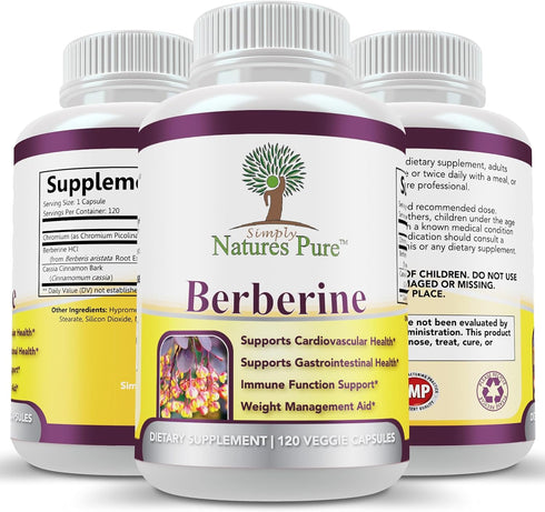 Simply Natures Pure Premium Berberine HCl 500mg - 120 Capsules for Cardiovascular, Gastrointestinal Support