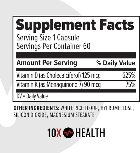 10X Health Vitamin D3 K2 - 125 mcg Vitamin D and 90 mcg Vitamin K Supplements for Bone Health, 60 Capsules