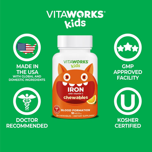 Kids Iron 10mg with Vitamin C 50mg Chewable Tablets - Tasty Natural Flavored - Vegan, Vegetarian, GMO-Free - 120
