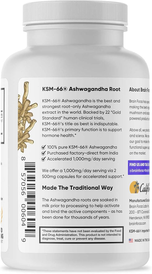 KSM-66 1,000mg 5% 90 Brain Forza Ashwagandha Organic Pure Root Extract, Strongest Dose, High Potency Withanolides