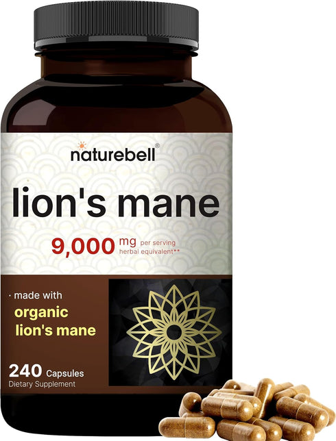 NatureBell Lions Mane Mushroom Supplement Capsules 9,000mg, 240 Capsules | Cognitive Brain Nootropic & Immune Support