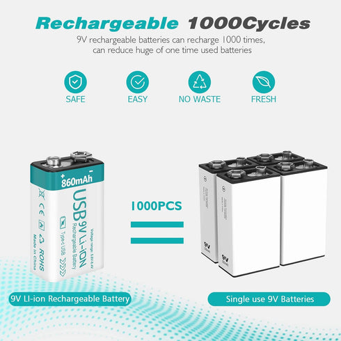 Rechargeable 9V Lithium USB Battery 860mAh (4 Pack) with 4 in 1 Charge Cable