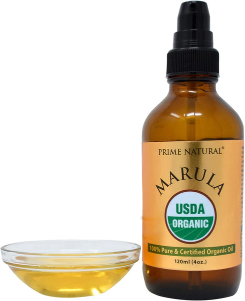 PRIME NATURAL Organic Marula Oil 4oz/120ml - USDA Certified, Cold Pressed, Unrefined, Virgin for Face, Body, Hair