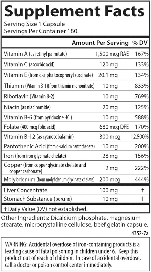 Carlson Women's Iron Restore, 28 mg Iron + B Vitamins, 180 Capsules for Menstrual Support & Women's Health