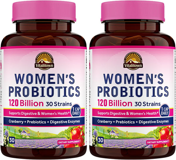 VITALITOWN Women's Probiotics 120 Billion CFUs - 30 Strains with Prebiotics & Digestive Enzymes, Vegan 60 Caps