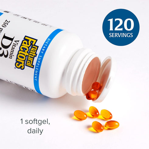 Natural Factors, Vitamin D3 10000 IU (250 mcg), Supports Strong Bones, Muscles and Immune Function, 120 Softgels