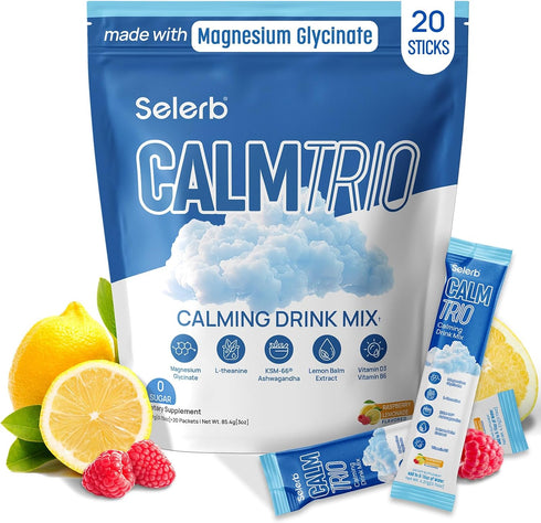 Selerb CalmTrio Magnesium Glycinate Powder Cortisol Drink Mix - No Sugar with