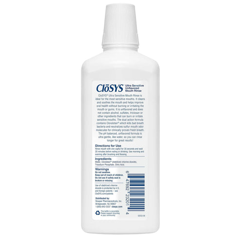 CloSYS Ultra Sensitive Mouthwash, 32 Ounce, Unflavored, Alcohol Free, Dye Free, pH Balanced